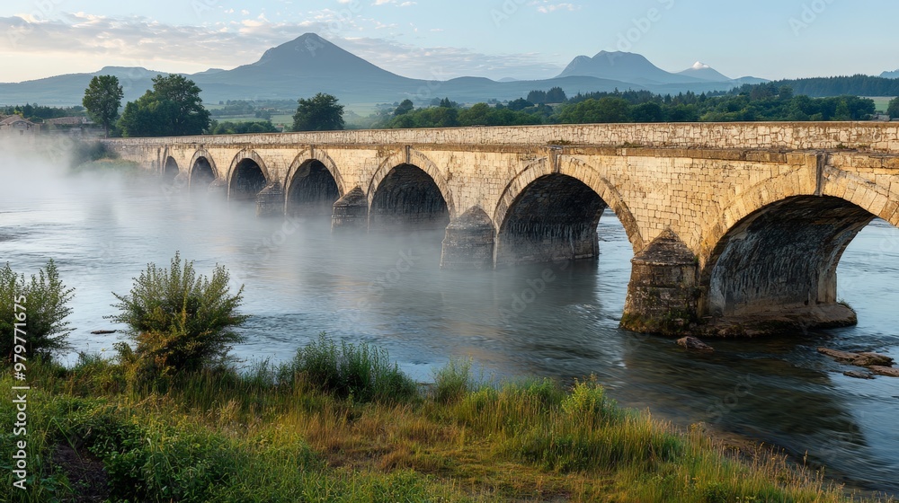 A perspective shot of an ancient stone bridge crossing a wide river, with mist rising off the water and mountains in the distance A perspective shot of an ancient stone bridge crossing a wide river, with mist rising off the water and mountains in the distance
