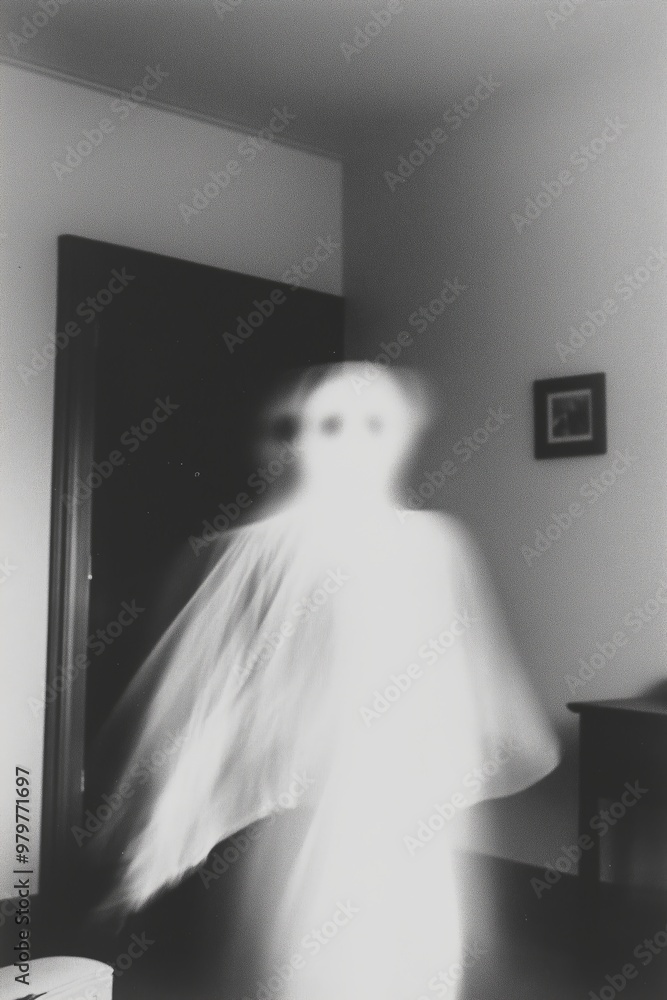 gloomy halloween black and white photo of blurry, smudged ghost shapes gloomy halloween black and white photo of blurry, smudged ghost shapes