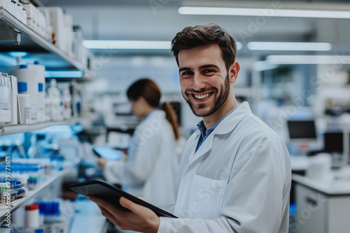 Portrait of young male scientist standing in laboratory.