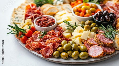 An assortment of Italian antipasti, including olives, cheeses, and cured meats, beautifully arranged on a platter with fresh bread and a clean, neutral background.