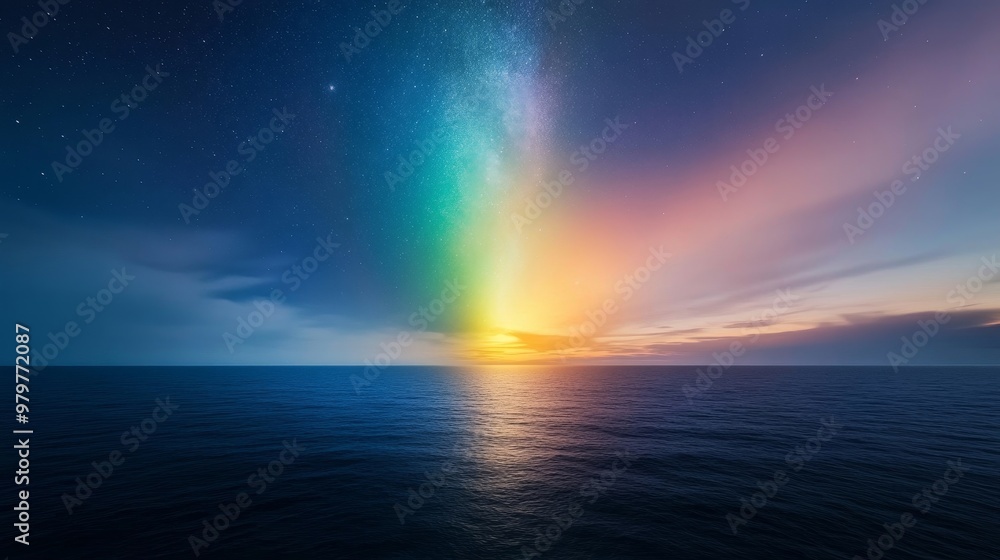 Aurora Australis, night sky over southern ocean, endless horizon. Aurora Australis, night sky over southern ocean, endless horizon.
