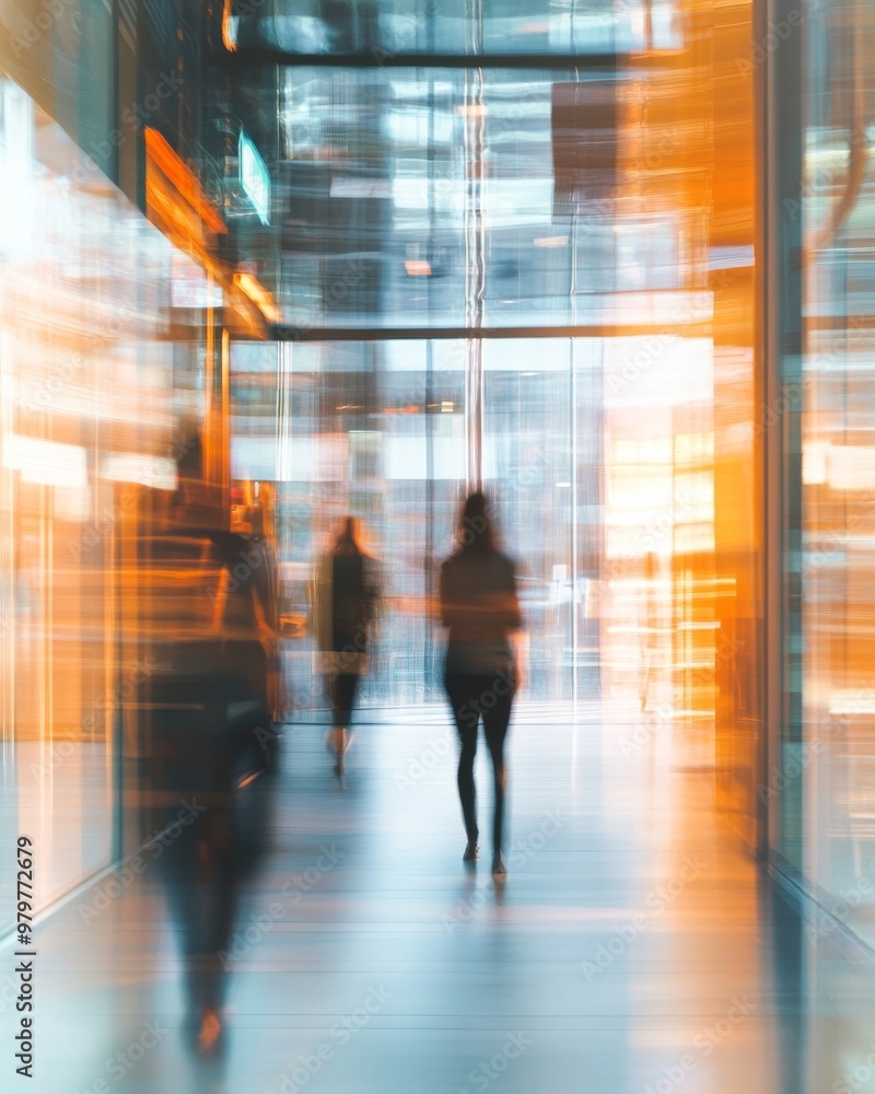 Blurred motion of professionals in a modern office space with glass walls during a workday Blurred motion of professionals in a modern office space with glass walls during a workday