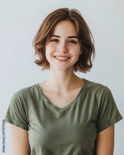 Wallpaper Mural Cheerful young woman smiling brightly in a casual setting during daylight hours Torontodigital.ca