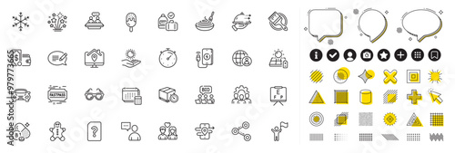 Set of Message, Team work and Employees talk line icons for web app. Design elements, Social media icons. Phone charging, Brush, Wallet money icons. Timer, Ice cream, Food delivery signs. Vector
