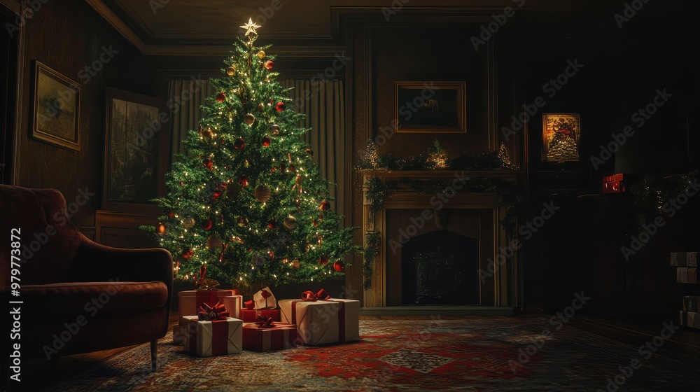 Generative AI - A decorated Christmas tree and wrapped gift under it in a dark sitting room, Christmas time Generative AI - A decorated Christmas tree and wrapped gift under it in a dark sitting room, Christmas time