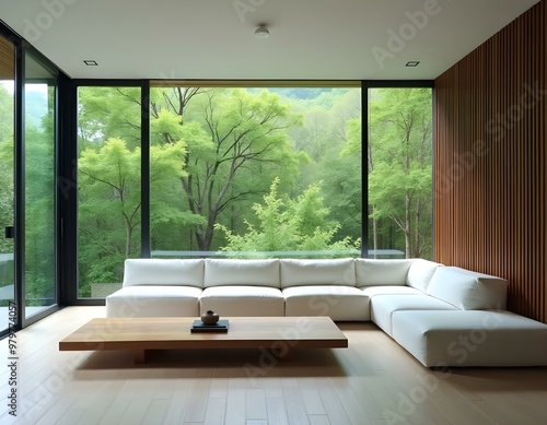 A modern living room with large windows overlooking a lush, green forest. The room features a large, L-shaped sectional sofa with white upholstery and a low, wooden coffee table in the center. The ove photo