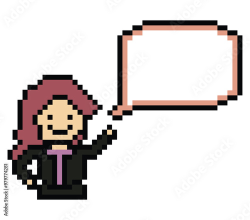 Cute pixel 8bit character woman with chat blank say talk vector decoration 8 bit female girl think speak discuss idea chat box cartoon pixel game png vector.