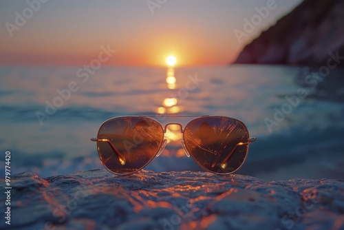 Wallpaper Mural Sunglasses reflecting setting sun on a rock by the sea Torontodigital.ca