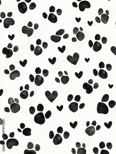 Illustration isolated on white background with black hearts and pet paw silhouettes. Abstract animal wallpaper and fabric design.