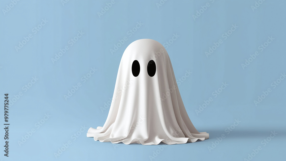 Cute Halloween Ghost on Clean Blue Background, 3D Illustration, White Sheet Cute Halloween Ghost on Clean Blue Background, 3D Illustration, White Sheet