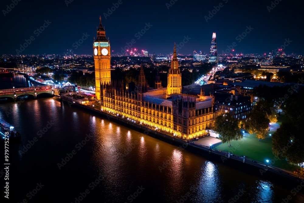Naklejka premium Aerial timelapse of London at night, with the River Thames winding through the brightly lit landmarks like Big Ben and the Shard
