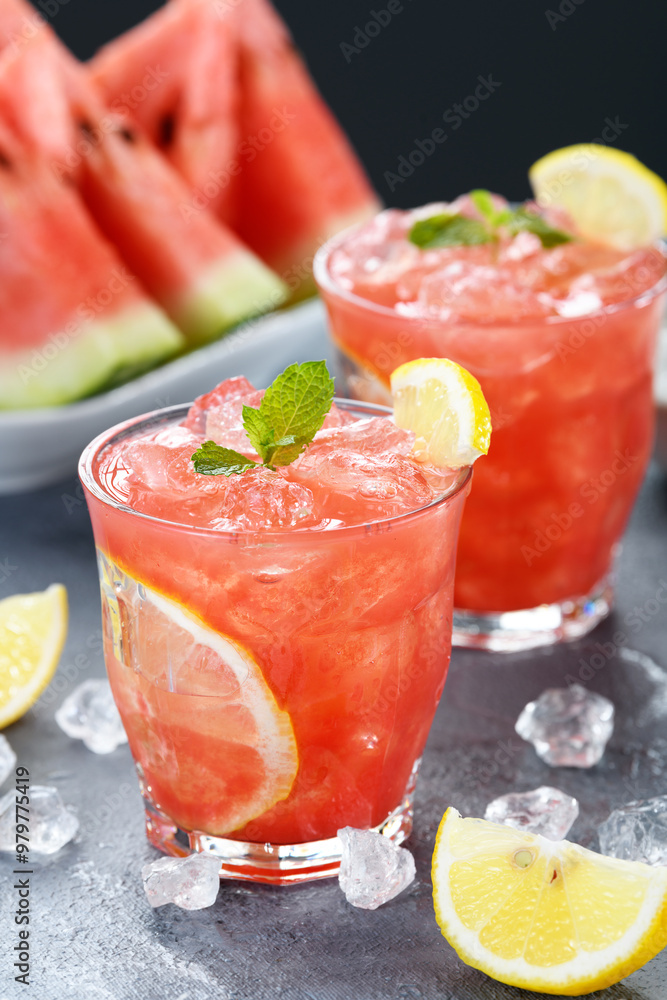 Cold summer drink made from watermelon with lemon and fresh mint. Cold summer drink made from watermelon with lemon and fresh mint.