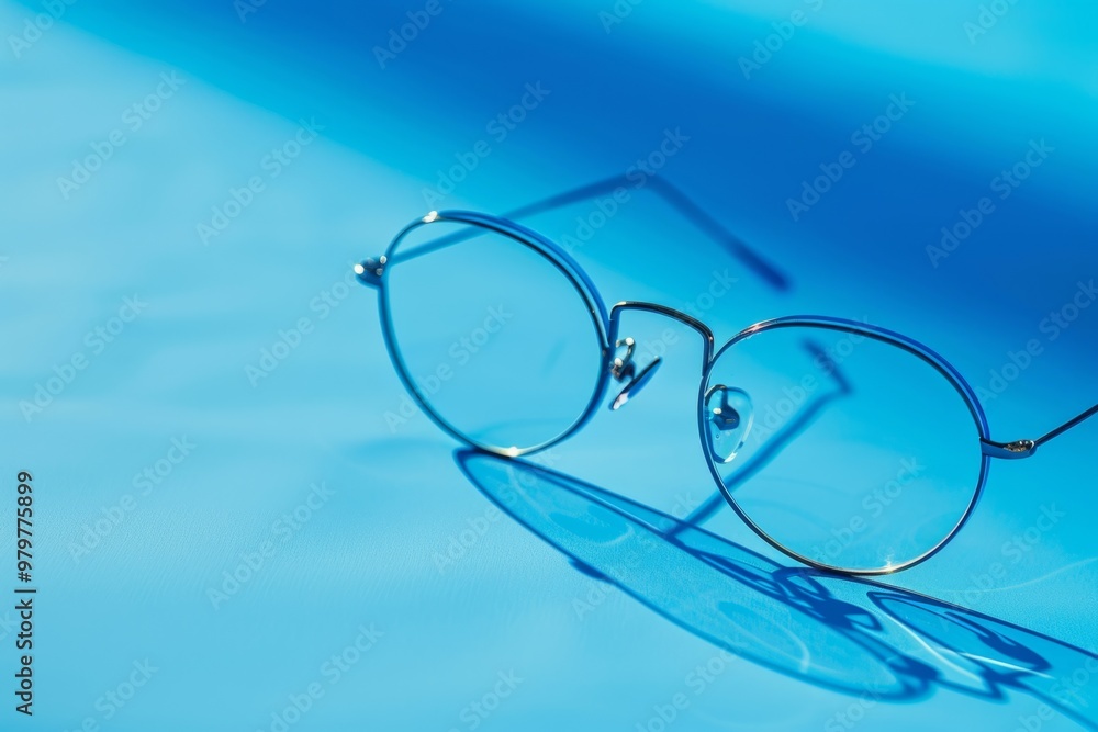 Round glasses resting on blue surface casting shadow. Copy space for text Round glasses resting on blue surface casting shadow. Copy space for text