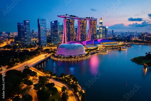 Aerial timelapse of Singapore at night, featuring the Marina Bay Sands and Gardens by the Bay aglow with color