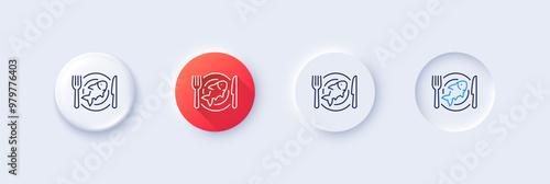 Seafood line icon. Neumorphic, Red gradient, 3d pin buttons. Fish dish sign. Plate with fork and knife symbol. Line icons. Neumorphic buttons with outline signs. Vector