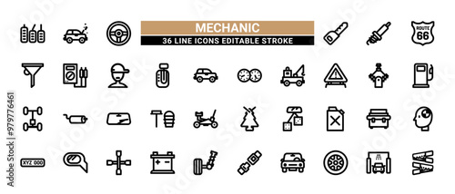 36 Mechanic Line Icons Set Pack Editable Stroke Vector Illustration.