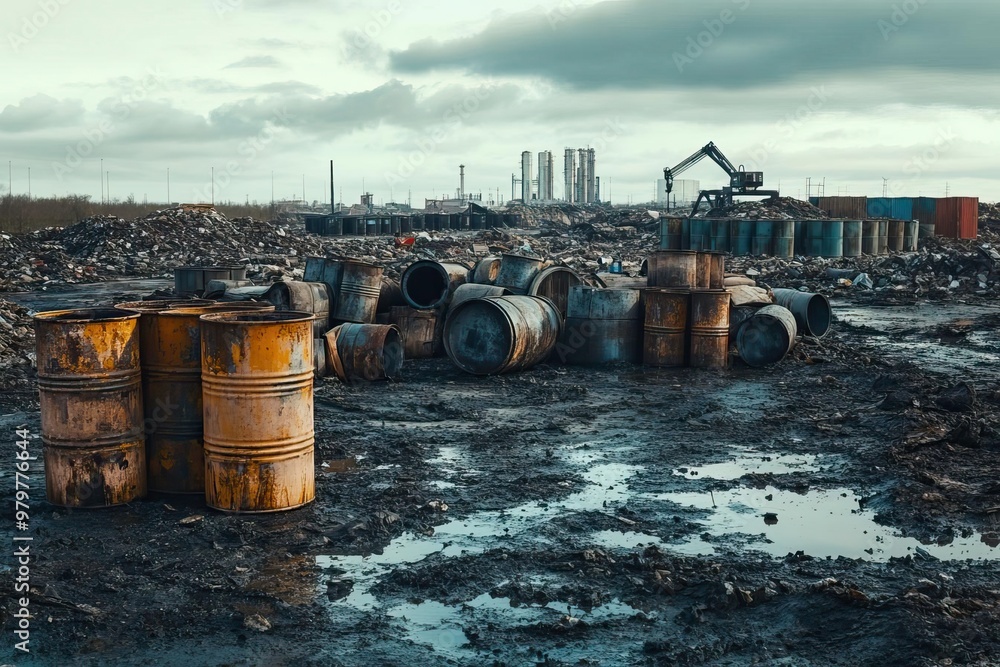 A bleak industrial landscape filled with rusty barrels and debris, reflecting environmental concerns and pollution challenges. A bleak industrial landscape filled with rusty barrels and debris, reflecting environmental concerns and pollution challenges.