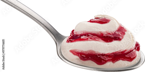 Spoon of yogurt with berry jam isolated on white background photo