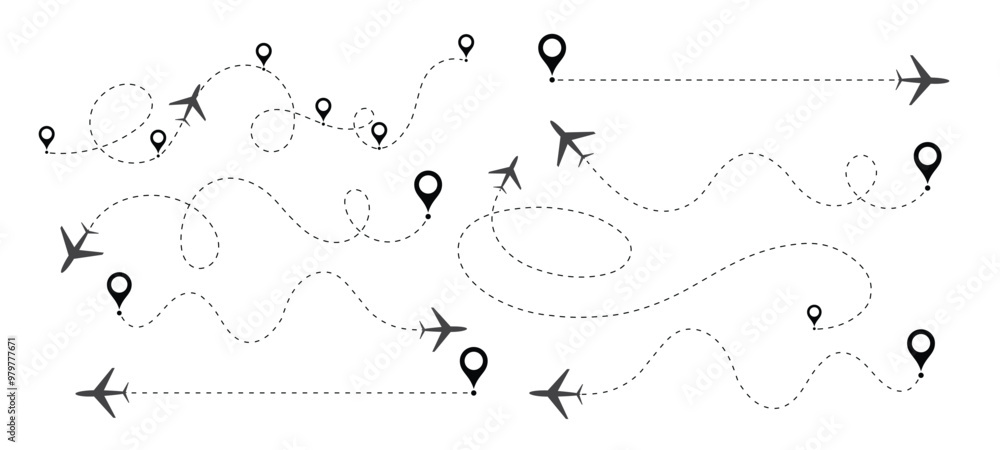 Airplane line path vector design, Air plane flight route with line trace vector illustration. Dashed route travel concept, Airplane line path vector Airplane line path vector design, Air plane flight route with line trace vector illustration. Dashed route travel concept, Airplane line path vector
