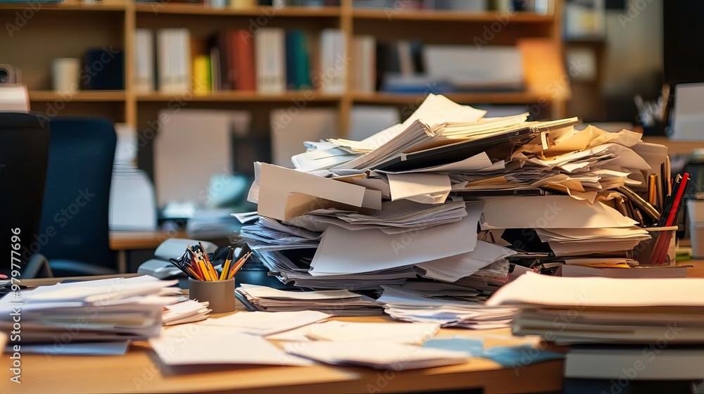 A cluttered desk filled with stacks of papers and documents, representing disorganization in a work environment. A cluttered desk filled with stacks of papers and documents, representing disorganization in a work environment.
