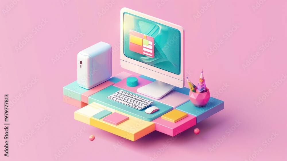Computer on Colorful Desk Computer on Colorful Desk