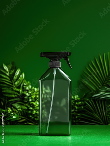 A sleek spray bottle positioned against a vibrant green backdrop with tropical leaves, perfect for eco-friendly cleaning solutions.
