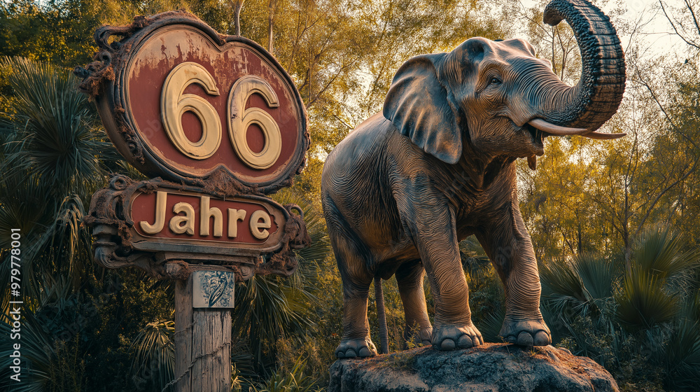 Fototapeta premium Grußkarte zum 66. Geburtstag mit lustigem Tier Elefant Erdmännchen Eule Generative AI