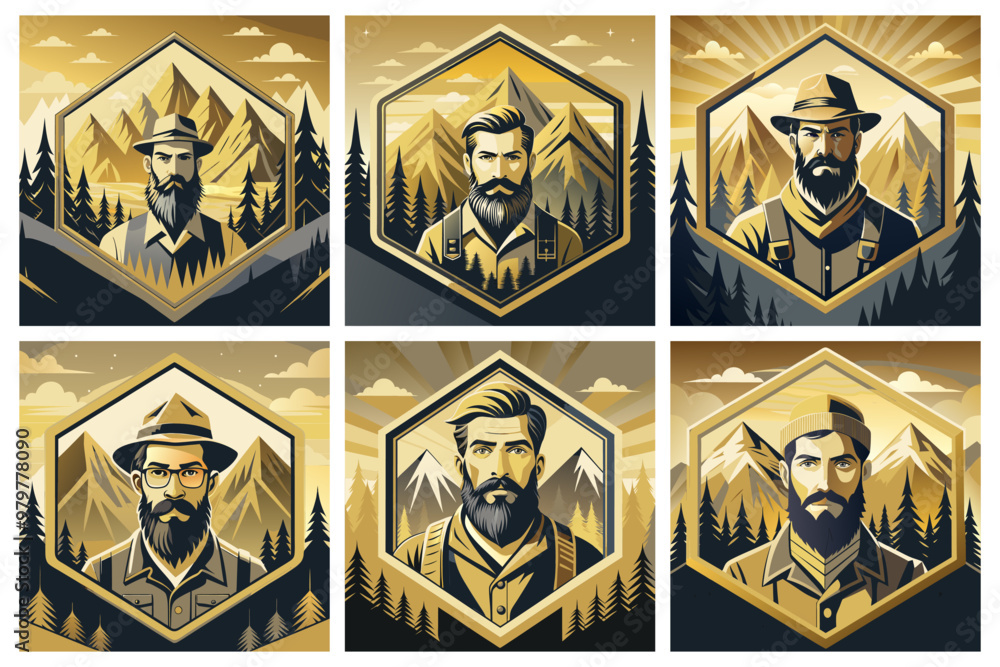 Obraz premium A set of illustrations with a hipster in the mountains