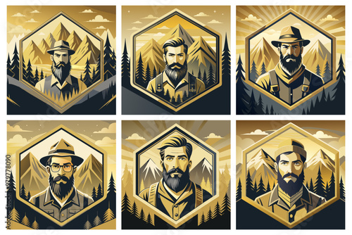 A set of illustrations with a hipster in the mountains
