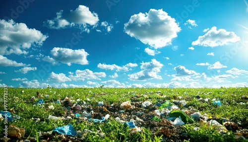 A vast field littered with plastic waste under a bright blue sky with fluffy clouds, highlighting environmental issues.