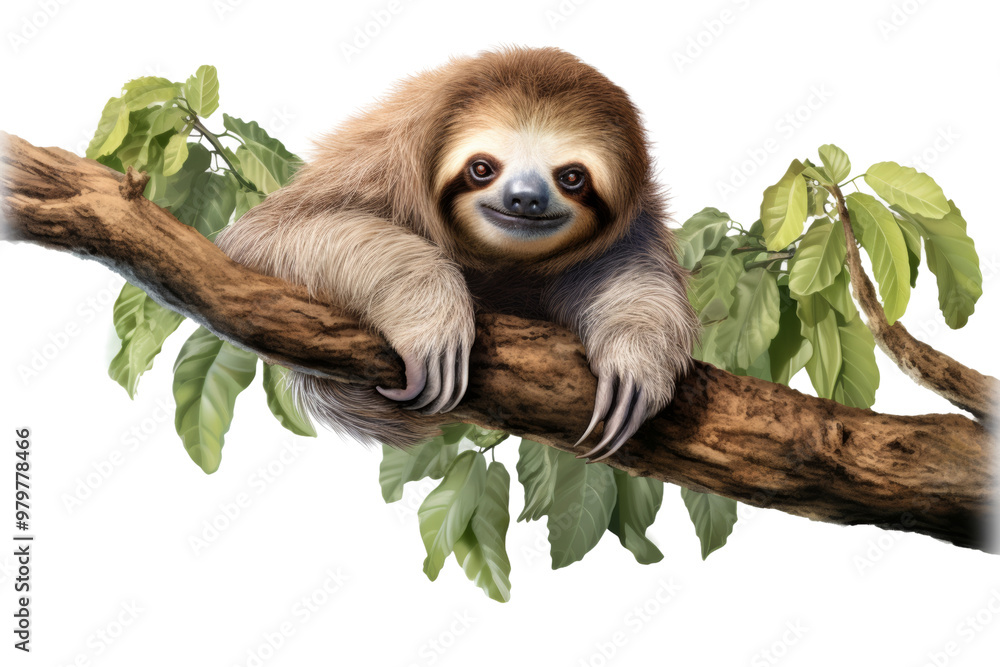 Naklejka premium Sloth hanging lazily from a branch in the jungle, symbolizing slow-moving wildlife ,Isolated on transparent background.,Isolated on transparent background