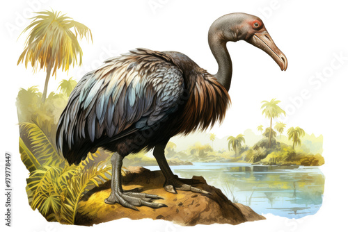 Artistic rendering of a dodo bird in its natural habitat, symbolizing extinct animals in illustration ,Isolated on transparent background,Isolated on transparent background photo