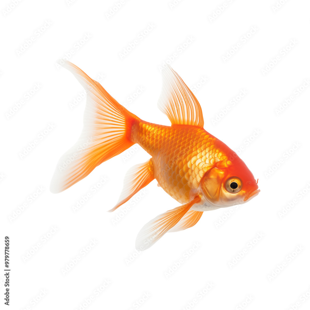 Orange goldfish with spread fins against a white backdrop. Perfect for aquatic themed designs and pet store marketing. Generative AI Orange goldfish with spread fins against a white backdrop. Perfect for aquatic themed designs and pet store marketing. Generative AI