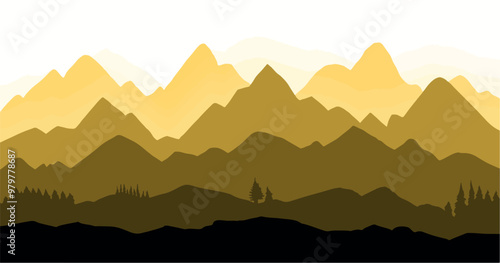 Horizontal mountain landscape with trees. Seamless mountains background. Outdoor and hiking concept