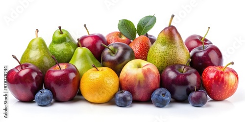 Realistic stock photography of apples, pears, and plums arranged in a horizontal row, isolated on a crisp white background with natural lighting