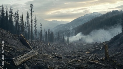 A dramatic landscape of a deforested area, featuring fallen trees and misty mountains under a cloudy sky.