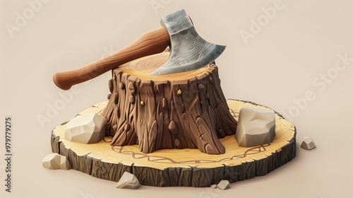 Fototapeta Naklejka Na Ścianę i Meble -  Axe and Tree Stump 3D Model
