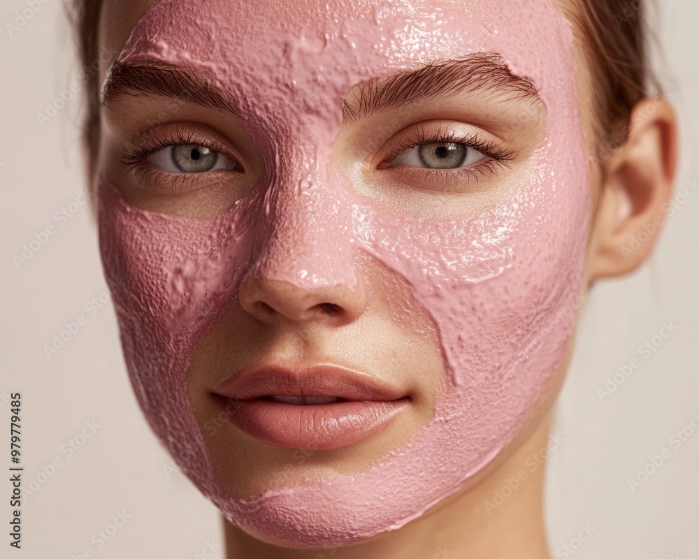 Entire facial mask of pink color on beautiful woman Entire facial mask of pink color on beautiful woman