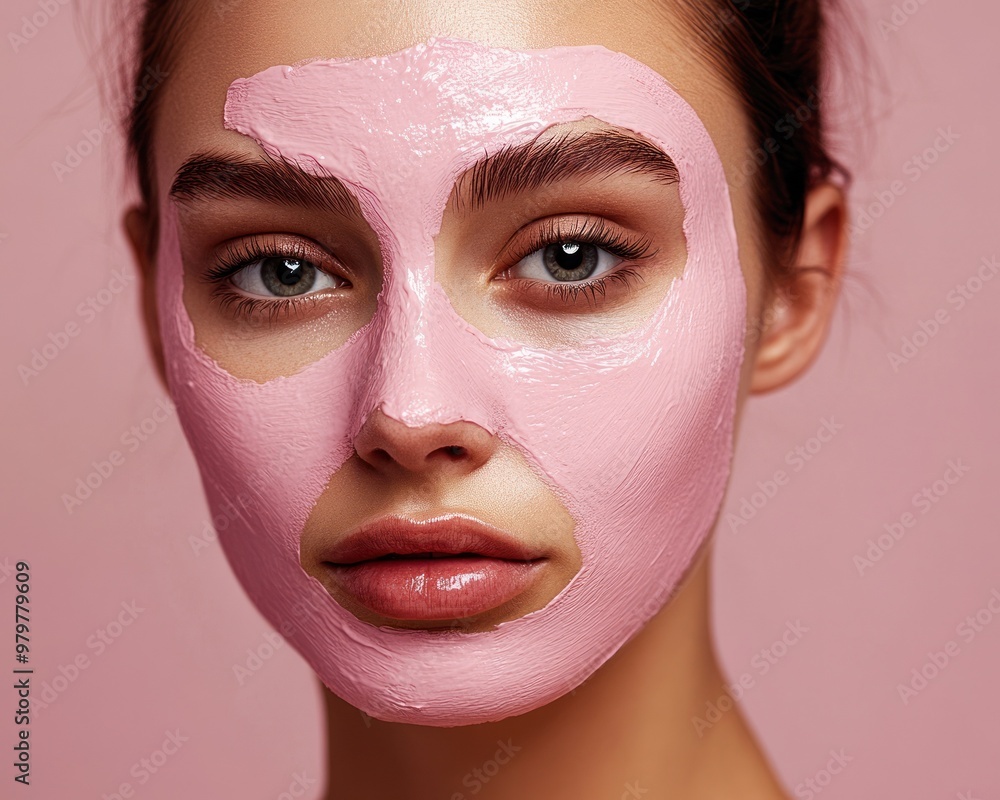 Woman with precisely applied pink spa facial mask Woman with precisely applied pink spa facial mask