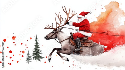 Cowboy Santa riding a reindeer at full speed, snow kicking up behind them, festive yet rugged winter adventure, blending Christmas magic with western flair photo