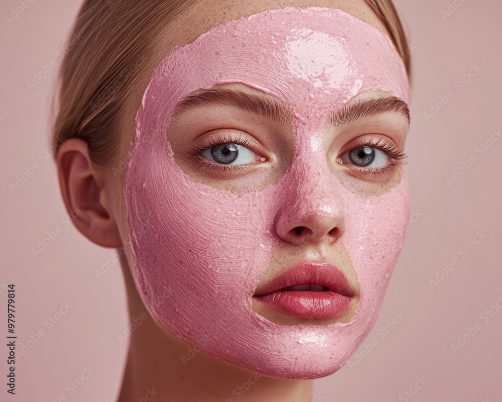 Close-up of a woman's face with pink face mask Close-up of a woman's face with pink face mask