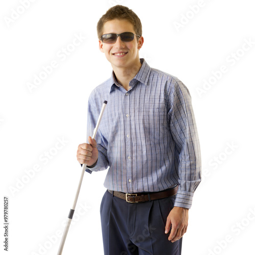 Smiling blind man holding a white cane, representing independence and mobility support.