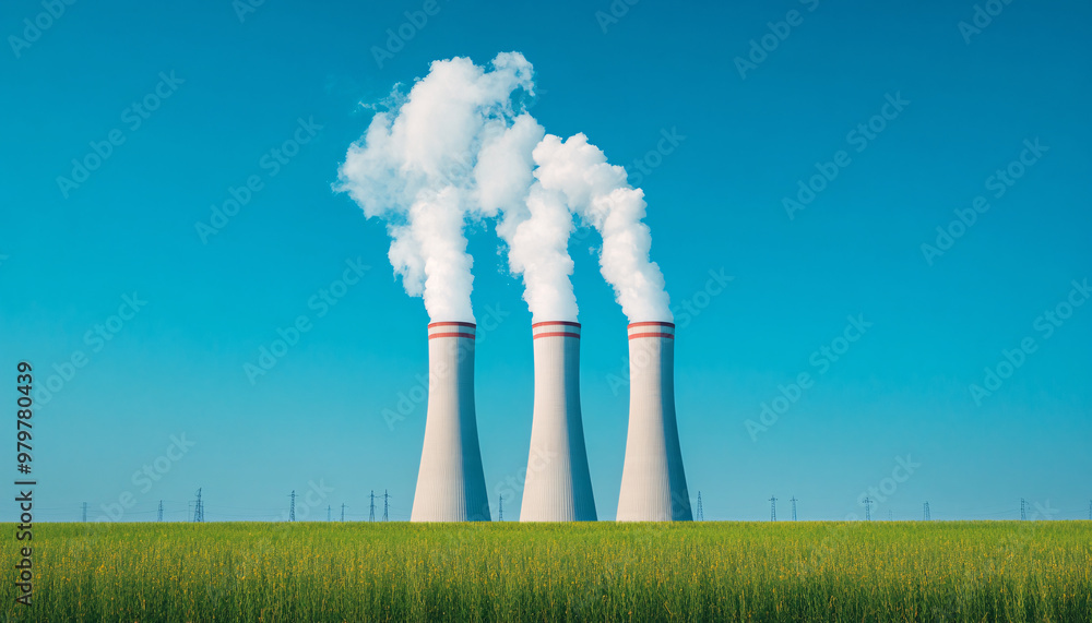 A clear sky backdrop highlights three cooling towers emitting steam, symbolizing energy production and environmental impact.
