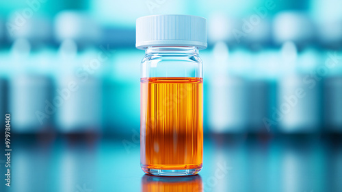 A clear glass vial containing bright orange liquid, set against a blurred lab background, symbolizing research and innovation.