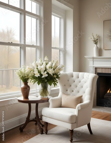 A cozy living room with a large, plush white chair, a wooden side table, and a vase of flowers on the table. The room has large windows letting in natural light and a warm, inviting atmosphere.