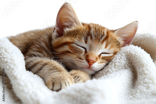 Tiny kitten curled up in a ball, sleeping peacefully on a soft blanket ,Isolated on transparent background.,Isolated on transparent background