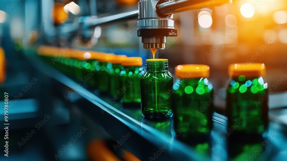Modern factory line for filling green bottles with supplements, showcasing automated machinery and efficient production. Modern factory line for filling green bottles with supplements, showcasing automated machinery and efficient production.