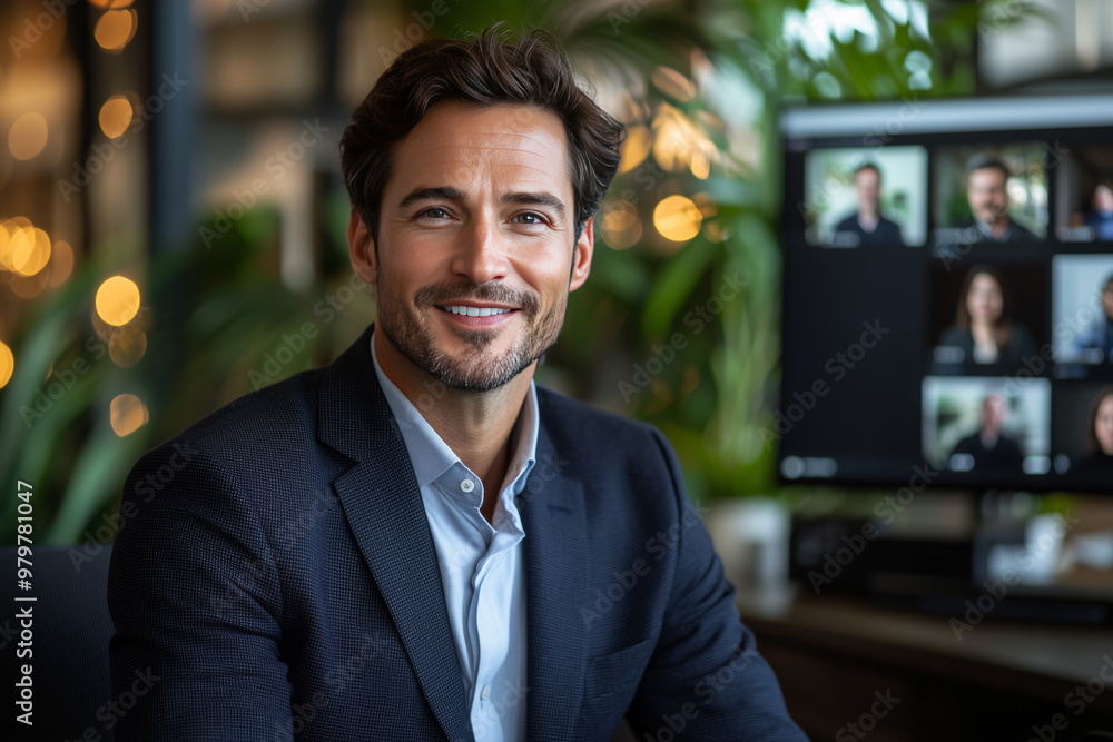Smiling Man in a Suit During a Video Conference Smiling Man in a Suit During a Video Conference
