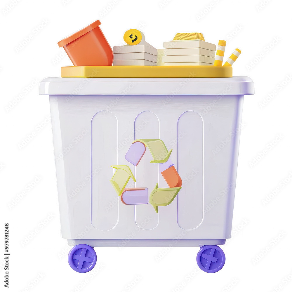 A wastebasket with books and plastic items on top, featuring a colorful logo. A wastebasket with books and plastic items on top, featuring a colorful logo.