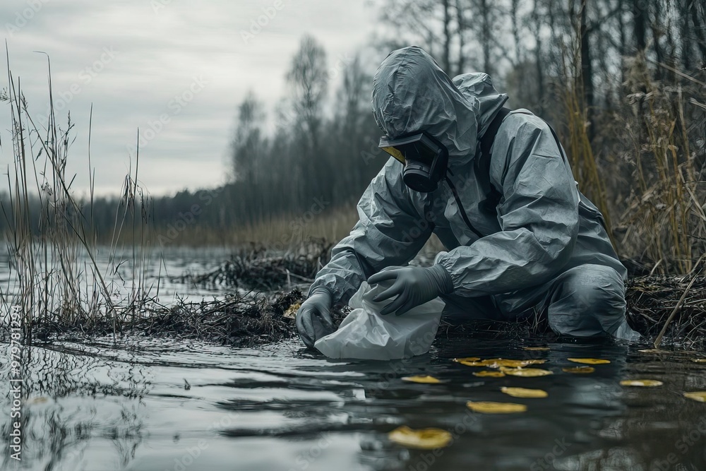 A researcher in protective gear collects samples from a dark, marshy water body, showcasing the importance of environmental studies. A researcher in protective gear collects samples from a dark, marshy water body, showcasing the importance of environmental studies.